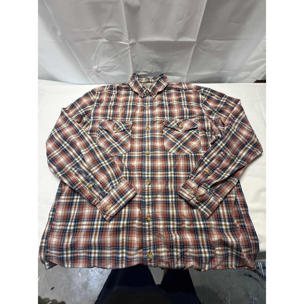 Duluth Trading Co Mens XL Trim Fit Plaid Button Down Shirt Cotton Rust Navy 3181